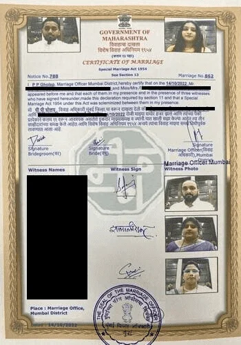 Civil marriage act certificate